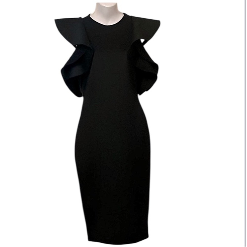 Club L Black Cold Shoulder Midi Bodycon Cocktail Dress Sz US 8